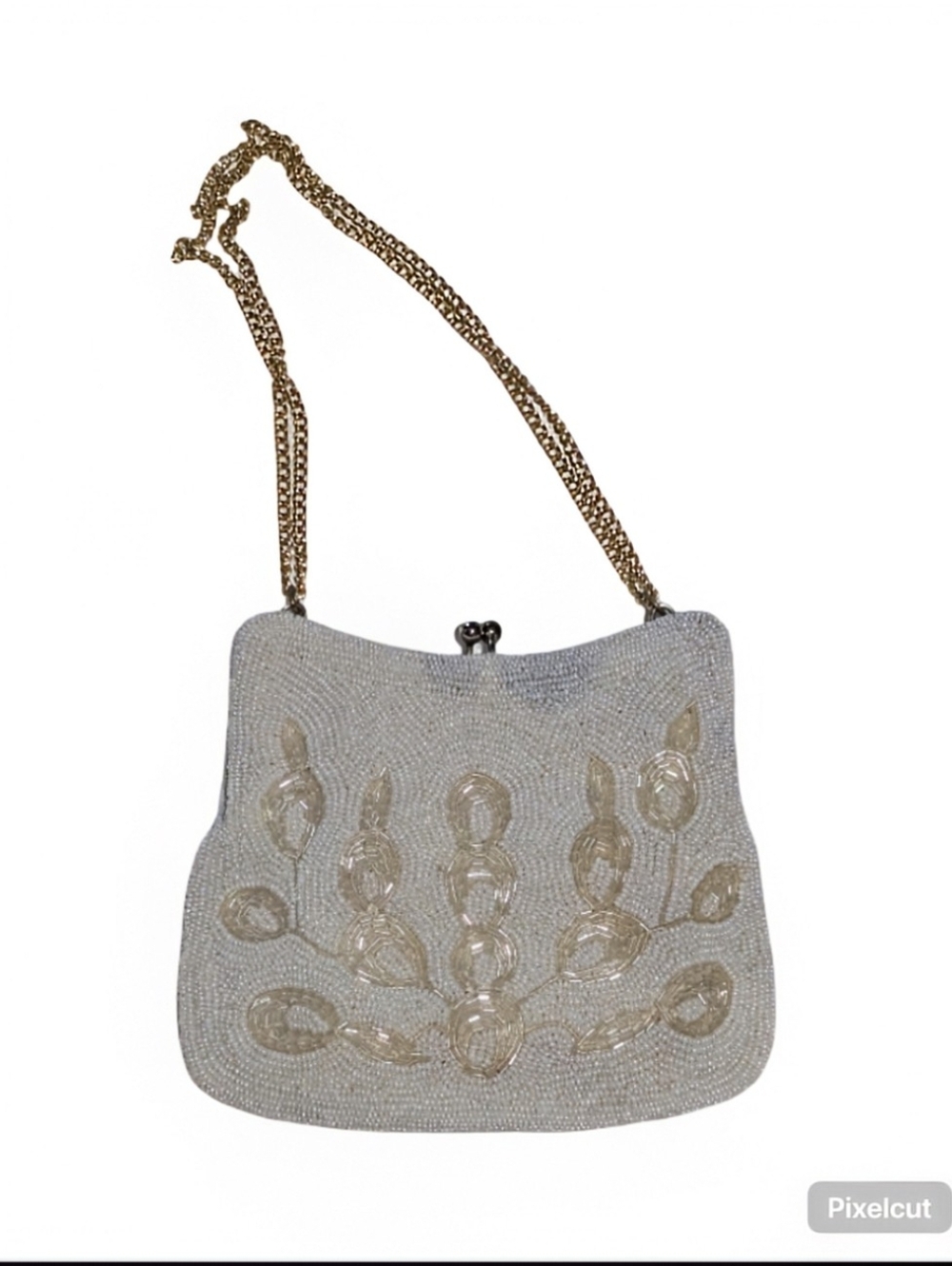 Vintage Beaded Opalescent Ivory Evening Shoulder Bag with Gold Chain